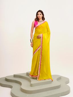 Modeva - Yellow Embellished Sequinned Satin Chiffon Saree with Unstitched Blouse