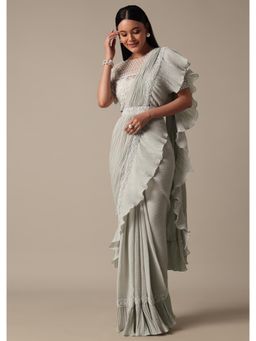 KALKI FASHION - Grey Solid Pre-Drape Saree with Embellished Stitched Blouse and Belt