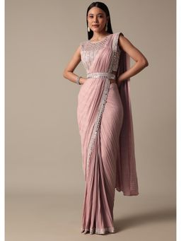 KALKI FASHION - Chic Pink Pre-Drape Saree with Embellished Stitched Blouse and Belt