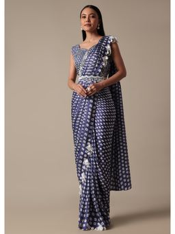 KALKI FASHION - Navy Blue Printed Pre-Drape Saree with Stitched Blouse and Belt