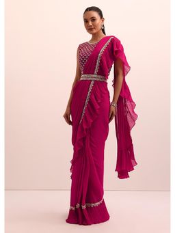 KALKI FASHION - Magenta Pink Pre-Drape Frill Saree with Stitched Blouse and Belt