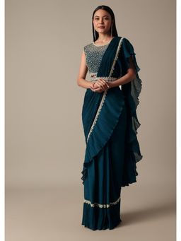 KALKI FASHION - Chic Teal Pre-Drape Saree with Stitched Blouse and Belt