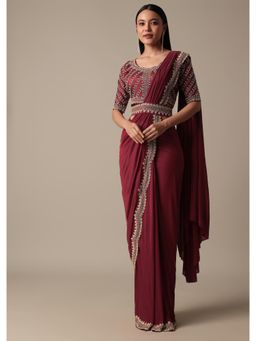 KALKI FASHION - Maroon Pre-Drape Saree with Embellished Stitched Blouse and Belt