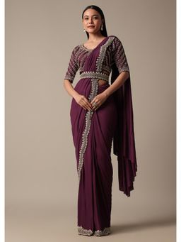 KALKI FASHION - Wine Pre-Drape Saree with Embellished Stitched Blouse and Belt