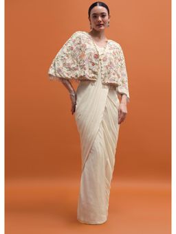 KALKI FASHION - Cream Chiffon Solid Pre-Drape Saree with Stitched Blouse and Embroidered Cape