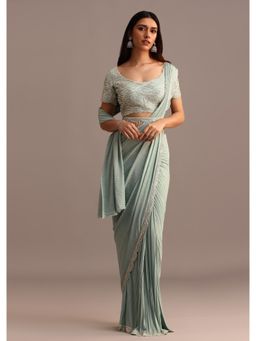 KALKI FASHION - Light Blue Pre-Drape Saree with Embellished Stitched Blouse and Belt