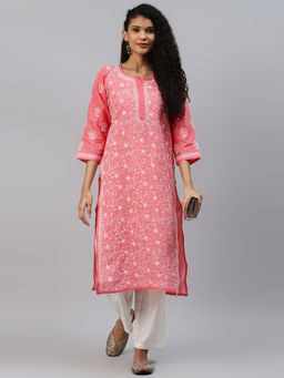 ADA - Hand Embroidered Carrot Pink Cotton Lucknow Chikankari Kurta [A411210]