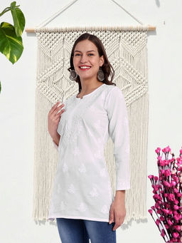 ADA - Hand Embroidered White Cotton Lucknow Chikankari Kurti [A911335]