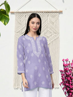 ADA - Hand Embroidered Mauve Cotton Lucknow Chikankari Kurti [A911336]
