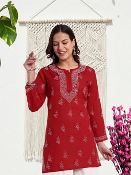 ADA - Hand Embroidered Red Cotton Lucknow Chikankari Kurti [A911337]