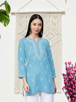 ADA - Hand Embroidered Blue Cotton Lucknow Chikankari Kurti [A911338]