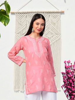 ADA - Hand Embroidered Peach Cotton Lucknow Chikankari Kurti [A911340]