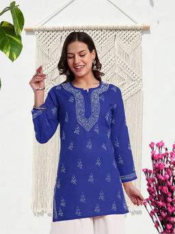ADA - Hand Embroidered Royal Blue Cotton Lucknow Chikankari Kurti [A911356]