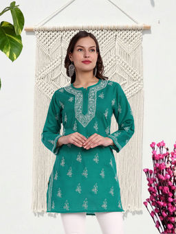 ADA - Hand Embroidered Bottle Green Cotton Lucknow Chikankari Kurti [A911357]