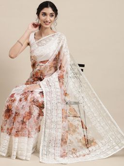 Vastranand - Peach-Coloured Floral Embroidered Organza Saree with Unstitched Blouse