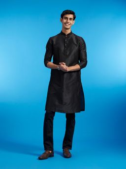 Diwas by Manyavar - Black Art Silk Solid Kurta for Men