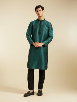 Diwas by Manyavar - Dark Green Art Silk Jacquard| Self Design Kurta for Men