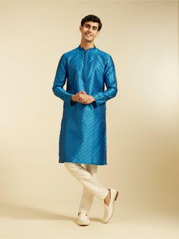 Diwas by Manyavar - Mid Blue Art Silk Jacquard| Self Design Kurta for Men