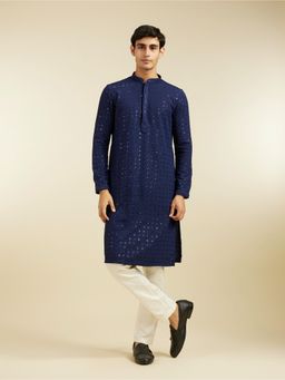 Diwas by Manyavar - Blue Viscose Chikankari, Embroidery Kurta for Men
