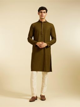 Diwas by Manyavar - Olive Green Viscose Embroidery Sequin Work Kurta for Men
