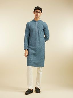 Diwas by Manyavar - Blue Viscose Chikankari, Embroidery, Sequin Work Kurta for Men