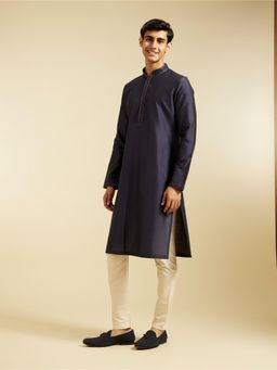 Diwas by Manyavar - Dark Blue Viscose Blend Solid Kurta for Men
