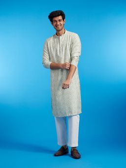 Diwas by Manyavar - Light Mid Green Cotton Blend Printed| Embroidered Kurta for Men