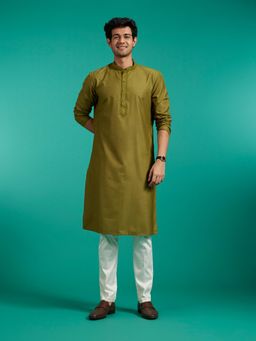 Diwas by Manyavar - Olive Green Viscose Blend Solid Kurta for Men