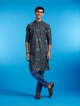 Diwas by Manyavar - Teal Blue Viscose Blend Printed Kurta for Men