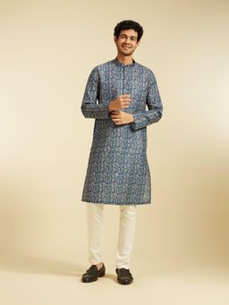 Diwas by Manyavar - Dark Blue Viscose Blend Printed Kurta for Men