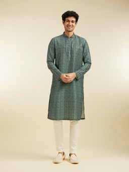 Diwas by Manyavar - Green Art Silk Printed Kurta for Men
