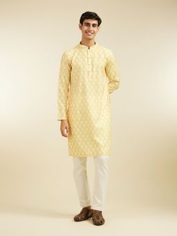 Diwas by Manyavar - Yellow Cotton Blend Printed Kurta for Men