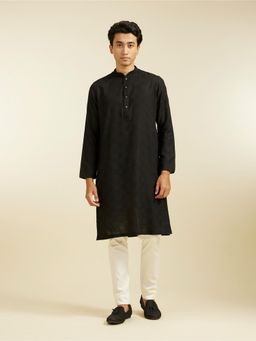 Diwas by Manyavar - Black Viscose Blend Self Design Kurta for Men