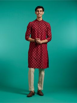 Diwas by Manyavar - Maroon Cotton Blend Printed Kurta for Men