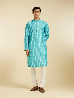 Diwas by Manyavar - Turquoise Blue Cotton Blend Printed Kurta for Men