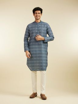 Diwas by Manyavar - Blue Cotton Blend Printed Kurta for Men