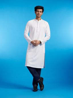 Diwas by Manyavar - White Cotton Self Texture Kurta for Men