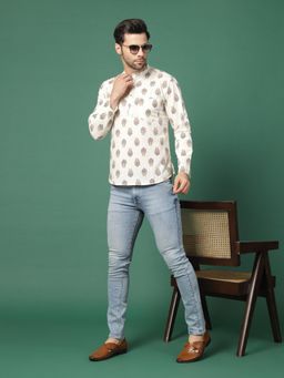 Rama's - Men White Color Floral Printed Shirt Kurta