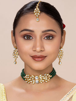 Peora - Green Brass Choker and Earrings & Maang Tikka (Set of 3)-PF24N10204G