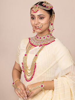 Peora - Pink Brass Bridal Jewellery Set (Set of 7)-PF36BR02RP