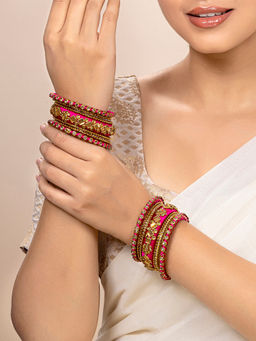 Peora - Traditional Wedding Silk Thread Kundan Chuda Set Jewellery - Magenta-Pack of 2