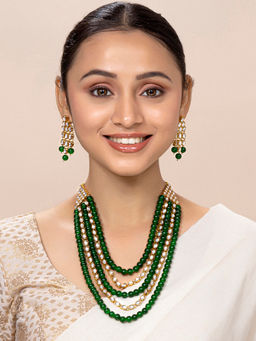 Peora - Brass Green Opera Designer Gold Plated Necklaces Set For Women-PF25N045G