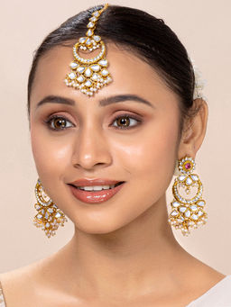 Peora - Gold Plated Kundan Pearl Chandbali Earrings & Maang Tikka Jewellery Set-PF24ET4153PK