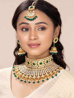 Peora - Traditional Rani Padmavati Kundan Pearl Choker Necklace Jewellery (Set of 3)-PF26N1295G