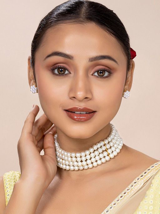 Peora Gold Plated White Pearl Choker Necklace with Stud Earrings Jewellery Set - PF26N1402W