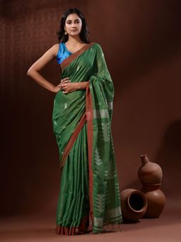 CHARUKRITI - Green Tissue Handwoven Saree with Texture Pallu with Unstitched Blouse