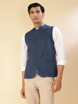 Fabindia - Blue Cotton Blend Slim Fit Nehru Jacket