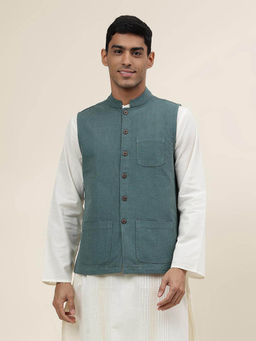 Fabindia - Green Cotton Woven Nehru Jacket