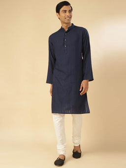 Fabindia - Navy Viscose Blend Dobby Slim Fit Kurta