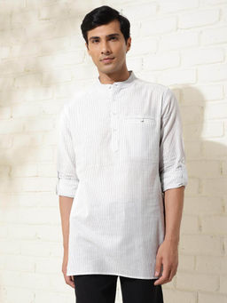 Fabindia - White Cotton Striped Slim Fit Short Kurta